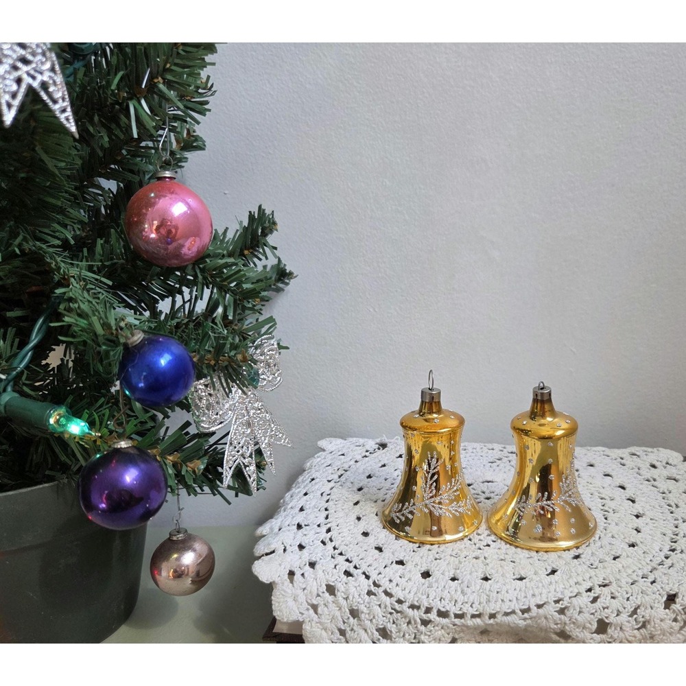 Vintage Gold Glass Christmas Bells Set of 2 Silver Glitter Ornaments